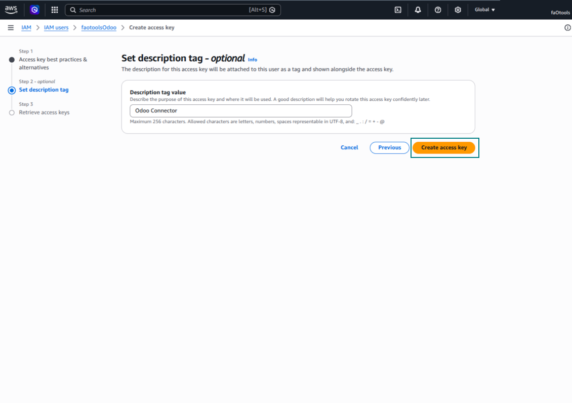 Add an 'Odoo Connector' description tag to the Amazon S3 access key